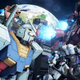 A group of mechs gathers together before a battle on the moon.